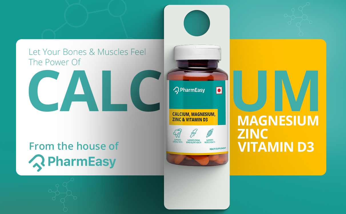 PharmEasy Calcium Supplement for Women and Men, with Magnesium, Zinc, Vitamin D3, for Complete Bone Health & Joint Support - (60 Calcium Tablets)