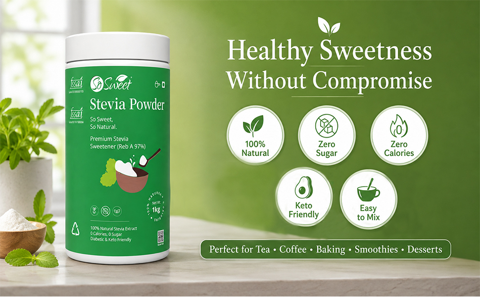 So Sweet Stevia Powder 1kg | Natural Sugar Substitute | Zero Calorie Sweetener for Tea, Coffee & Baking | Keto Friendly | Sugar Free Sweetener