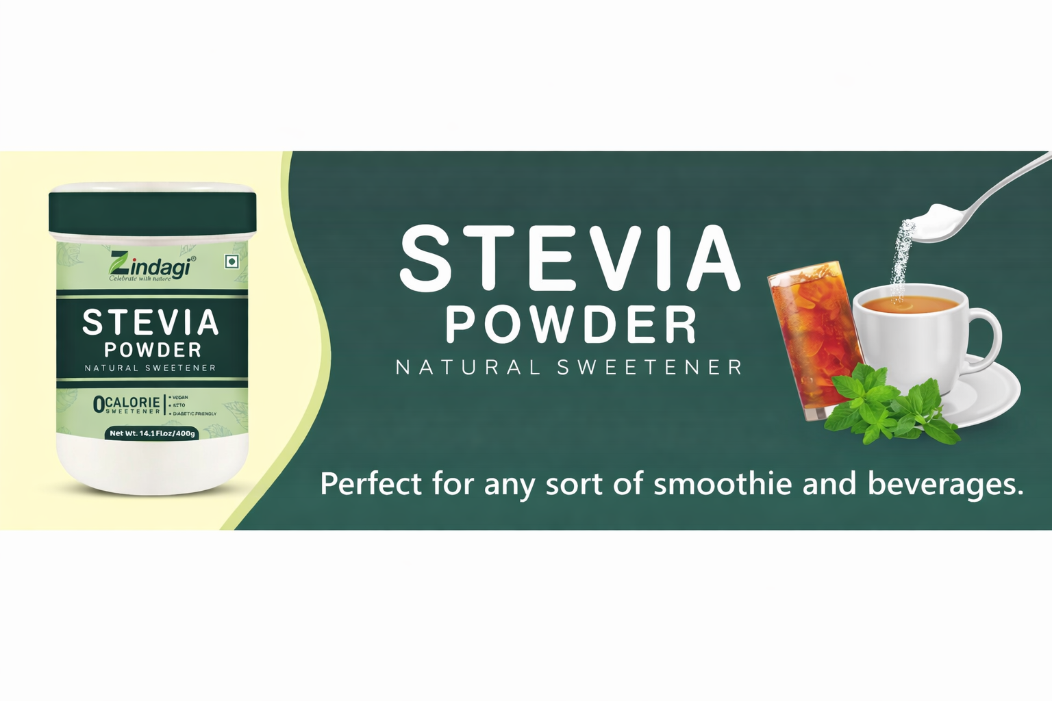 Zindagi Stevia Sugar Free Powder | 100% Natural Sweetener With Zero Calories | Keto & Vegan Friendly Sugar | 400gm