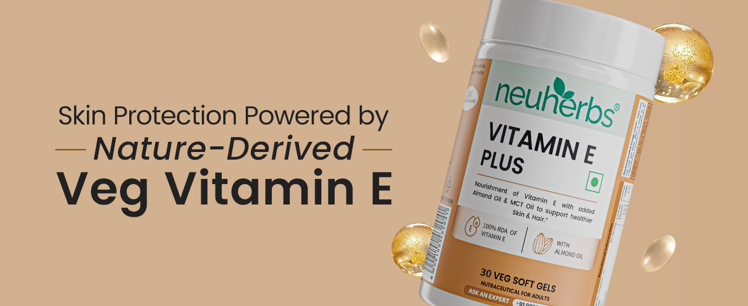 Neuherbs Vitamin E Plus Capsules for Skin & Hair | Plant-Based Vitamin E Supplement with Almond & Sunflower Oil | Supports Glowing Skin & Hair Strength | Vegan | 30 Capsules