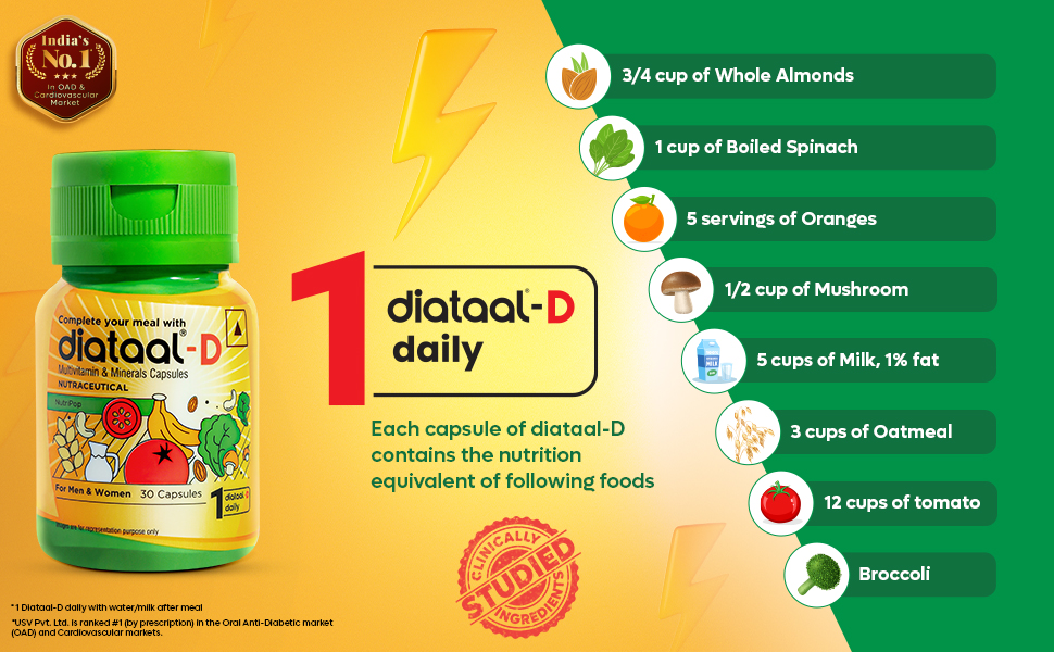 Diataal-D Vitamin D3 400IU | Multivitamin for Men & Women with Vitamin D3, ALA, B6, B12, B3, B9, Magnesium, Zinc and Copper | Energy, Immunity, Performance & Heart Health | 30 Capsules |Pack of 3 |