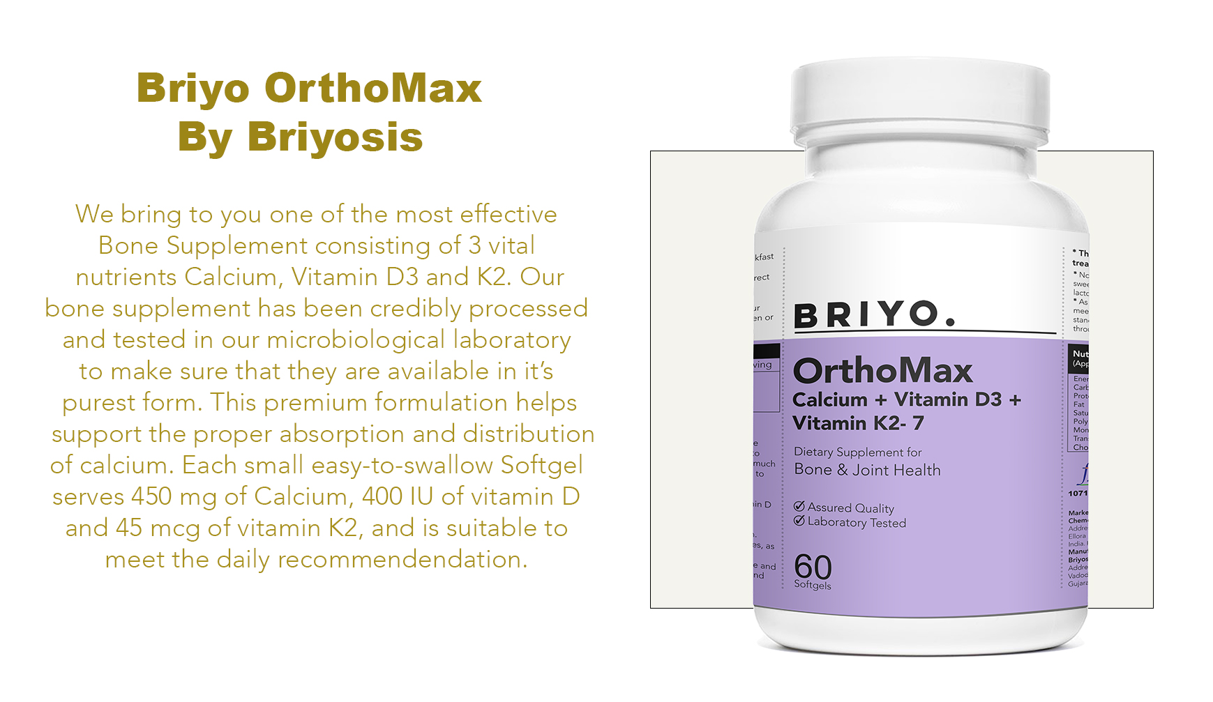 Orthomax - Vitamin D3 & K2-M7 + Calcium Dietary Supplement for Bone Health, Stronger Bones, Teeth, Muscles & Immunity Calcium Supplement Absorption