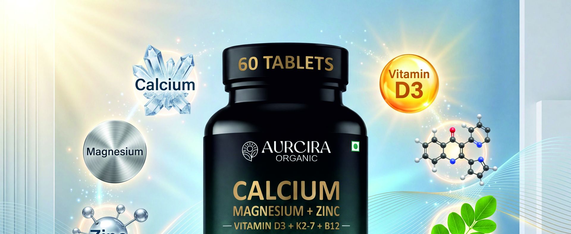 Calcium Magnesium Zinc with Vitamin D3 & K2-7 Tablets | Calcium Citrate Malate with Alfalfa, Moringa & Bamboo Leaves Extract | Bone, Joint & Muscle Support | 60 Vegetarian Tablets (60 Piece)