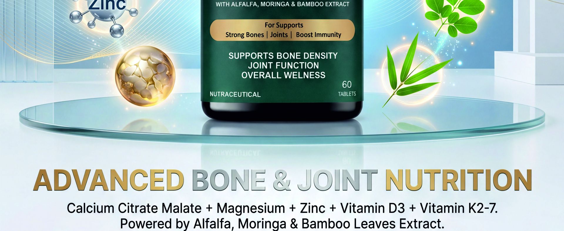 Calcium Magnesium Zinc with Vitamin D3 & K2-7 Tablets | Calcium Citrate Malate with Alfalfa, Moringa & Bamboo Leaves Extract | Bone, Joint & Muscle Support | 60 Vegetarian Tablets (60 Piece)