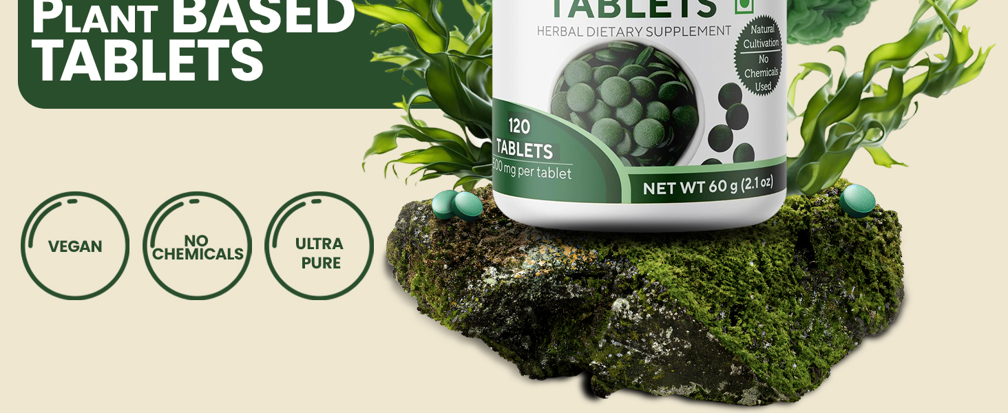 Grenera Organic Spirulina Tablets 120 Count | 1000 mg Per Serving | Uncoated Spirulina Supplement | Vegan & Plant-Based | Green Algae Tablets