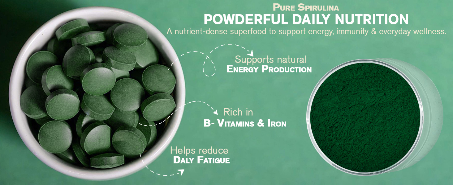 Grenera Organic Spirulina Tablets 120 Count | 1000 mg Per Serving | Uncoated Spirulina Supplement | Vegan & Plant-Based | Green Algae Tablets