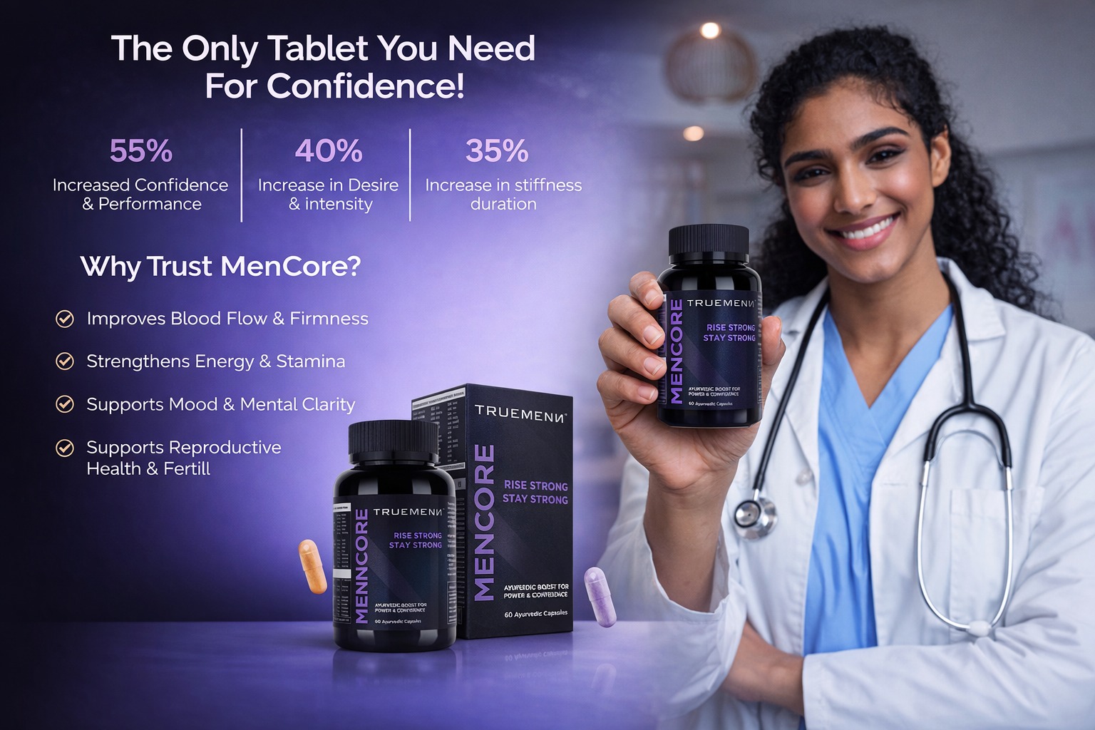 Menncore ED Supplement Capsules For Men | Astavarga 200mg, Kaunch Beej 150mg & Tribulus terrestris 200mg Extract for Power & Confidense | Ayush Certified - 60 Capsules