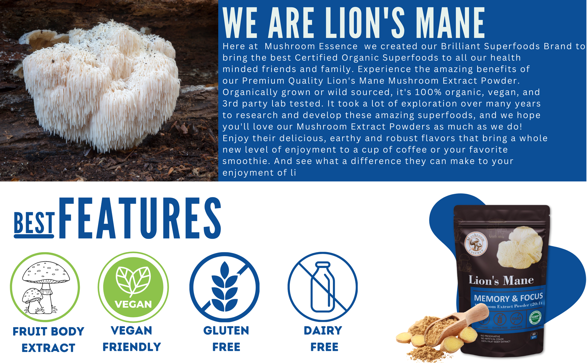Lions mane extract | Pure Mushroom Extract Powder, Lions Mane Supplements for Cognitive Health |Memory and Immune Support (60gm)
