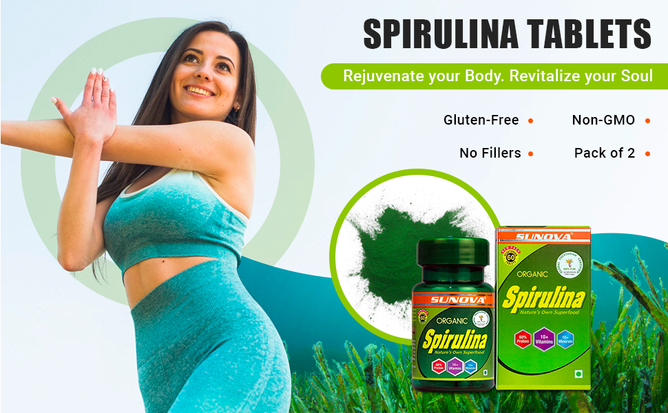 SUNOVA Spirulina Tablets – Nature’s Own Superfood and Plant based Nutritional Supplement , 60% Protein, Full of Multivitamins and Minerals - Spirulina and Blue-Green Algae for Full Body Support & Energy – 60 Tablets (Pack of 2)