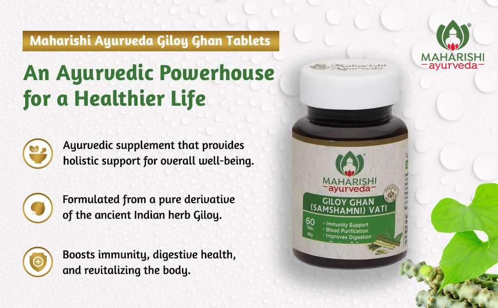 Maharishi Ayurveda Giloy Ghan Vati - Natural Immunity Boosting Tablets | Enhances Strength & Stamina | Fights Fatigue | Detoxifies the Body (Giloy Ghan, 60 Tablets (Pack of 2))