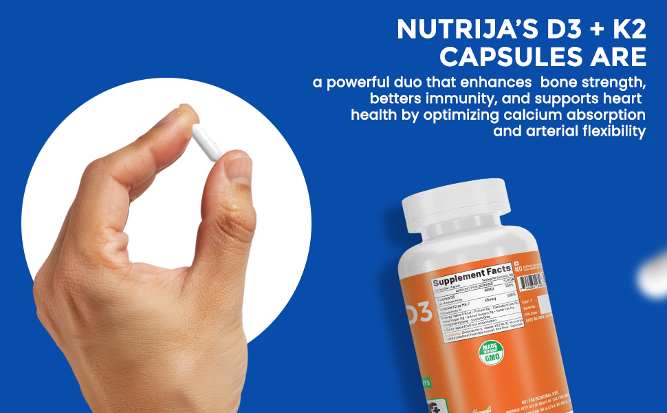 NutriJa Vitamin D3 600IU + K2 55mcg as MK7 Supplement 120 capsules - Stronger Immunity, Supports Bones, Joints & Heart Health