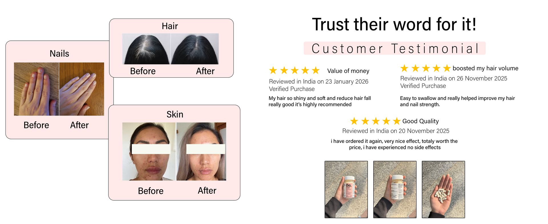 Be. Glossy Hair Supplements for Women | Biotin Tablets for Hair Growth & Nail Strength with Hyaluronic Acid, Vitamin E, Vitamin B12 Tablets & L-Cysteine | Hair & Nail Vitamins | 30 Day Supply | 60 Capsules