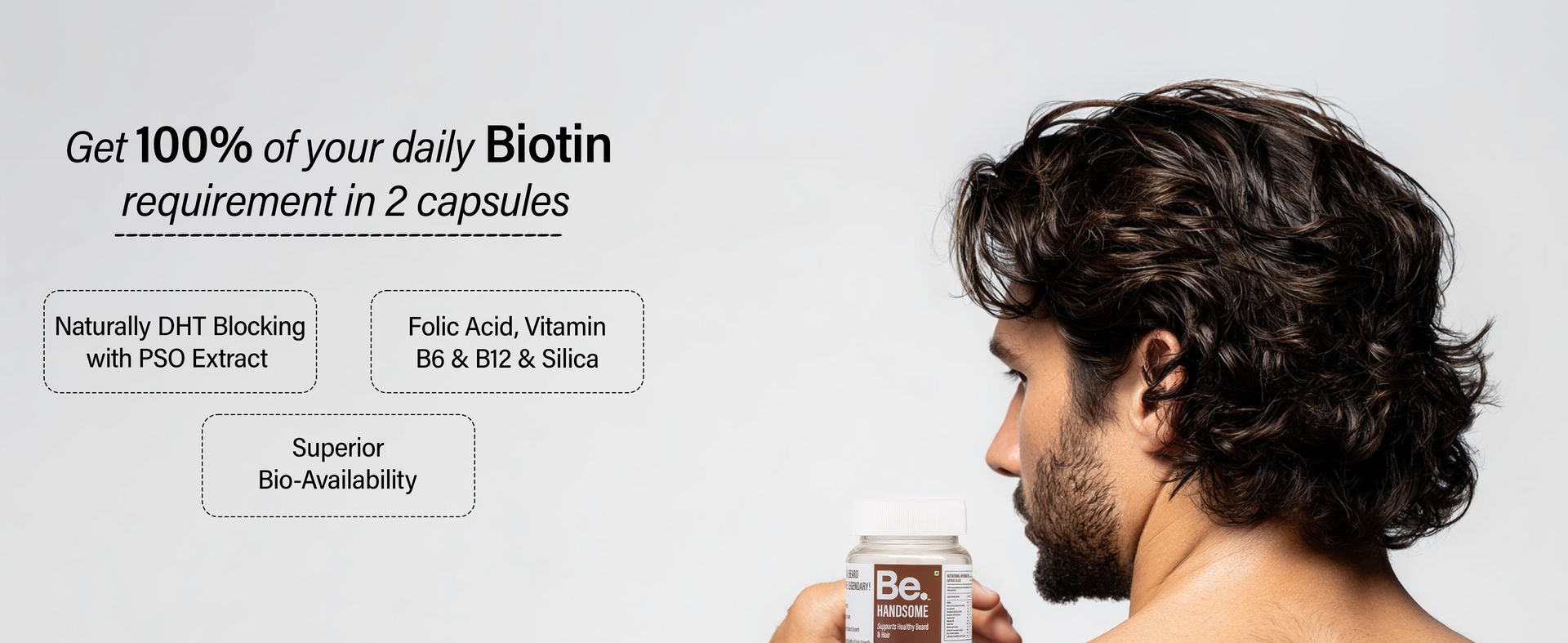 Be. Handsome Biotin Tablets for Hair Growth & Beard Enhancement for Men | B12 Vitamin Tablets with Pumpkin Seed Oil, Sesbania Extract & Vitamins | Hair & Beard Health | 60 Veg Capsules | 30 Day Supply