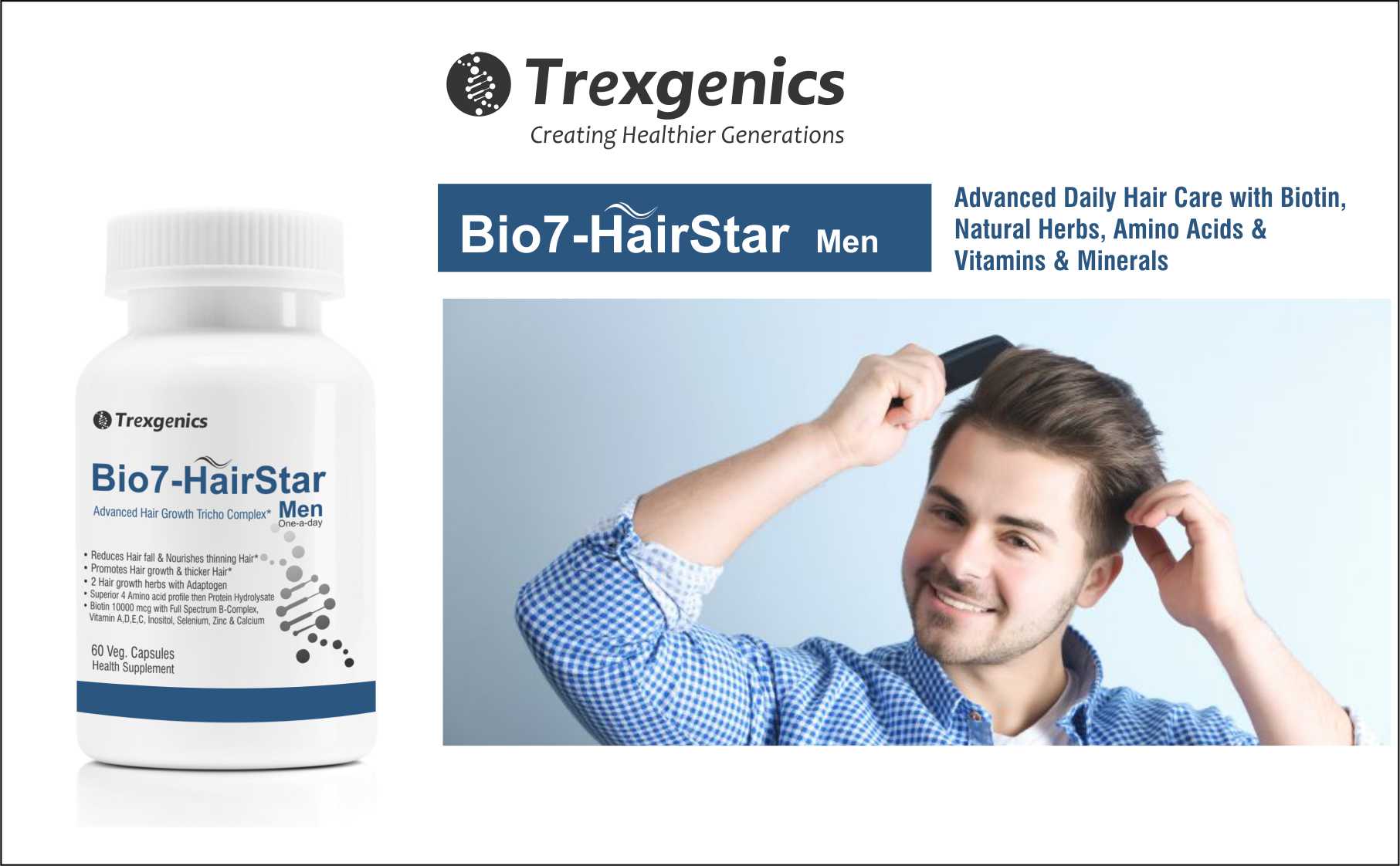 Trexgenics BIO7-HAIRSTAR MEN Advanced Hair Support Tricho Complex ONE-A-DAY Formula (60 Veg. Capsules) (Pack of 1)
