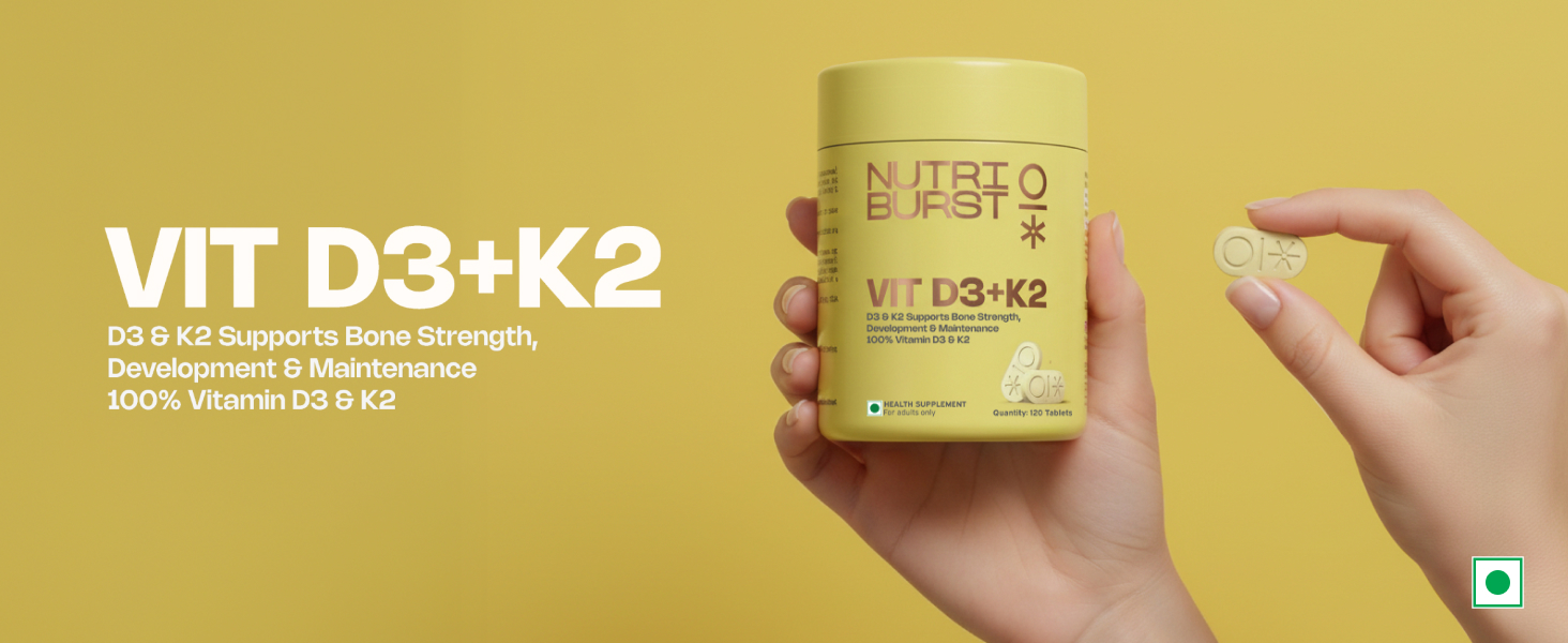 Nutriburst Vitamin D3 + K2 | Vitamin D3 K2 Supplement for Men & Women | Supports Bone Strength & Heart Health | 100% Vitamin D with K2 for Better Absorption | 120 Veg Tablets (4-Month Pack)