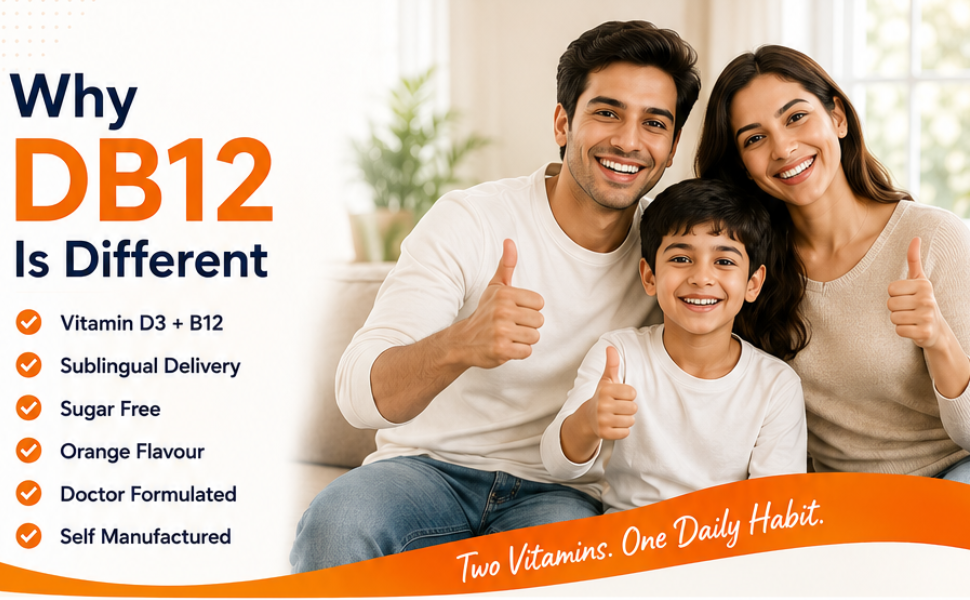 DB12 Vitamin D3 + Vitamin B12 Sublingual Liquid Drops | Sugar Free Daily Vitamins | Bone, Energy, Nerve & Immune Support | Vitamin B12 Deficiency Supplement | Orange Flavour | 30ml