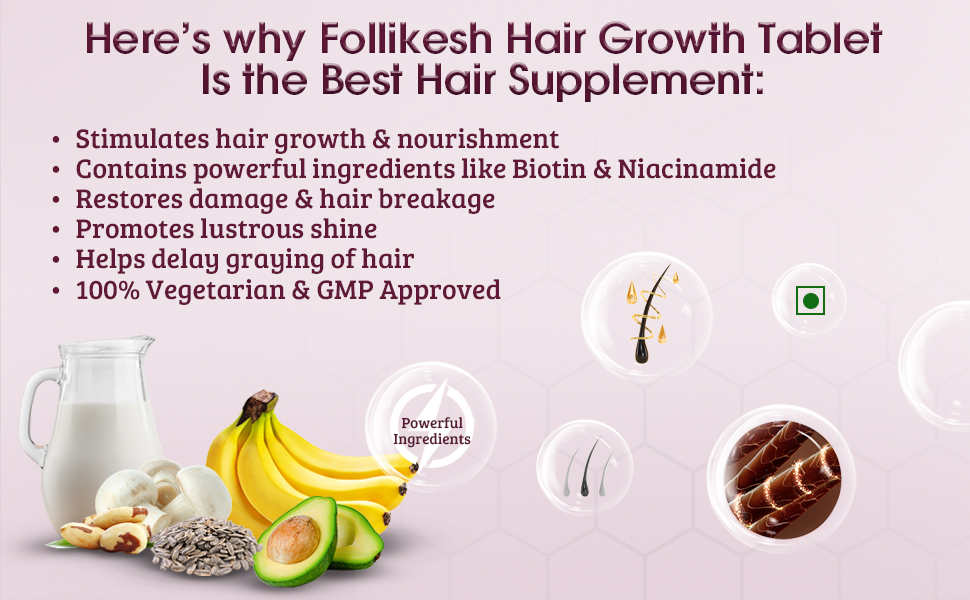 Healing Pharma - Follikesh Tablets For Hair Growth & Hair Fall Control With Vitamin B7 (Biotin), Zinc & Niacinamide | Biotin Supplement For Women & Men - 10 Tabs