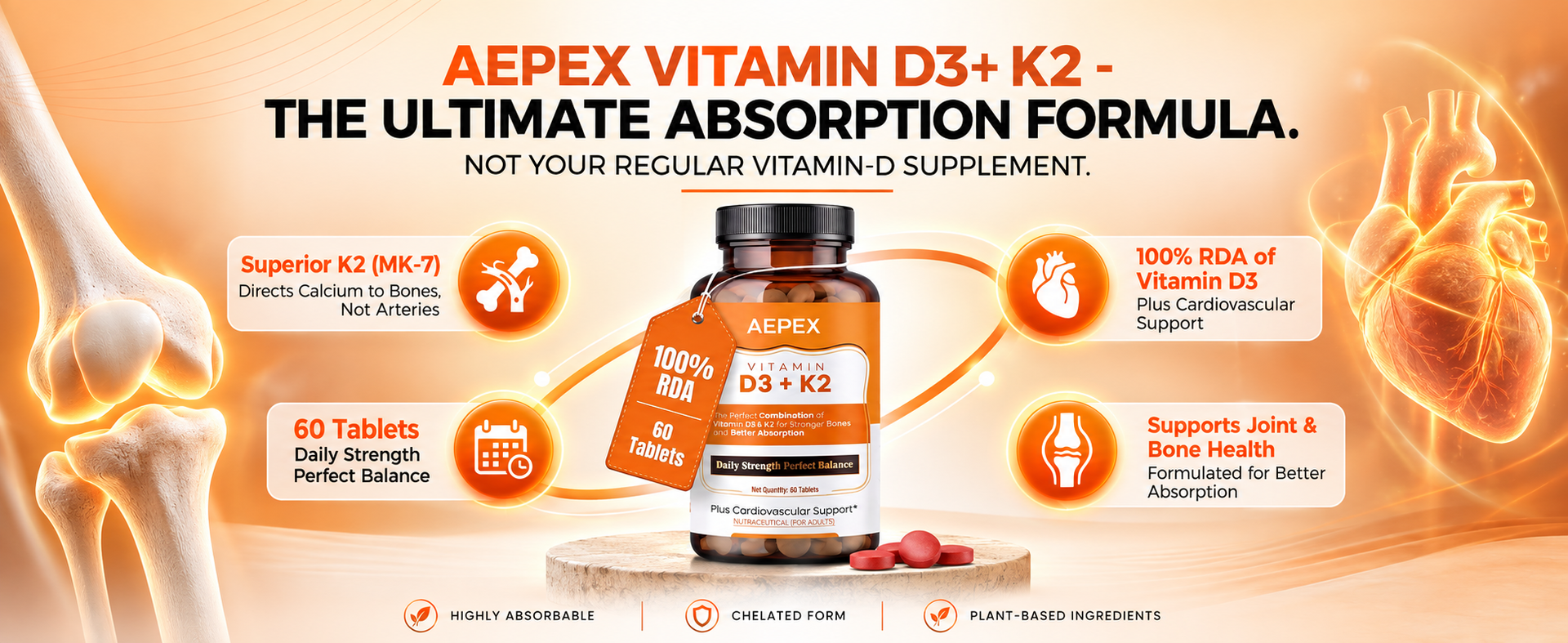 60 Tablets Vitamin D3 + K2 Tablets | Supports Bone, Heart & Immune Health | Enhanced Calcium Absorption & Utilization | Better Absorption Formula | Daily Wellness Supplement