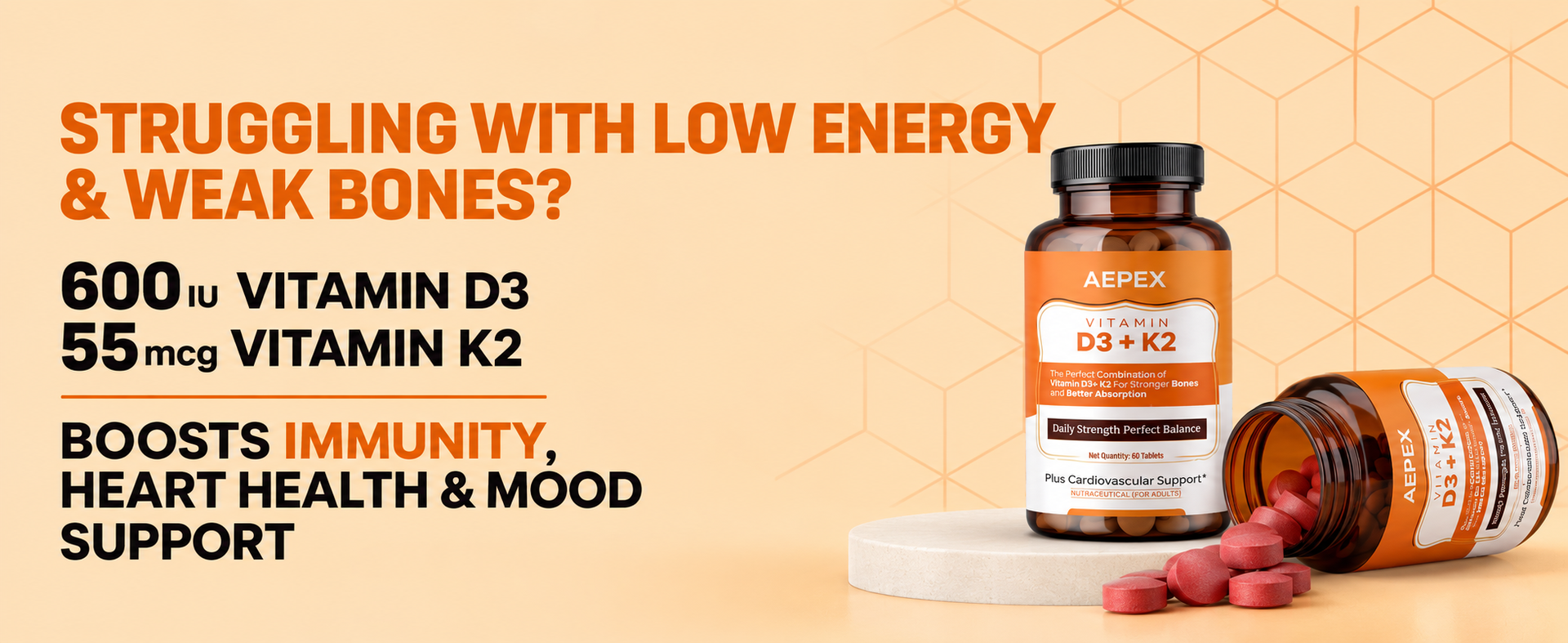 60 Tablets Vitamin D3 + K2 Tablets | Supports Bone, Heart & Immune Health | Enhanced Calcium Absorption & Utilization | Better Absorption Formula | Daily Wellness Supplement