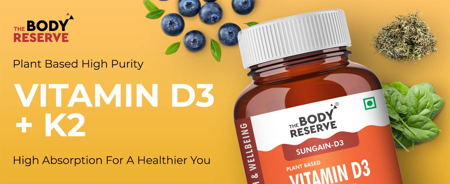 The Body Reserve """ Vitamin D3 K2 Mk7-120 Veg Tablets, 100% Rda Plant-Based Vitamin D3 Supplement From Lichen Source With Vitamin K2 As Mk7 Menaquinone, Pack Of 3"""