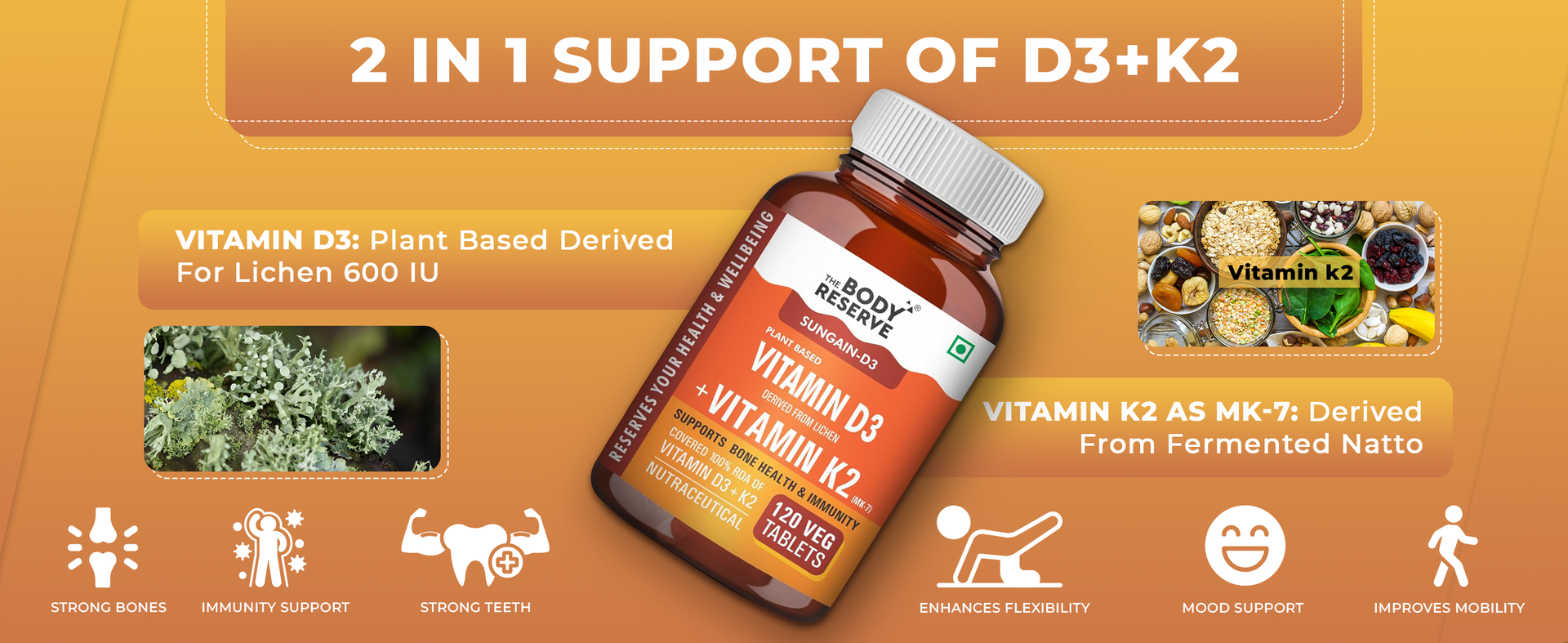 The Body Reserve """ Vitamin D3 K2 Mk7-120 Veg Tablets, 100% Rda Plant-Based Vitamin D3 Supplement From Lichen Source With Vitamin K2 As Mk7 Menaquinone, Pack Of 3"""