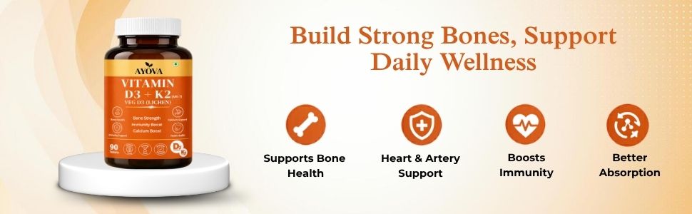 Vitamin D3 + K2 (MK-7) | 100% Veg D3 from Lichen | Supports Bone Strength, Calcium Absorption & Immunity | Gluten Free | 90 Veg Tablets