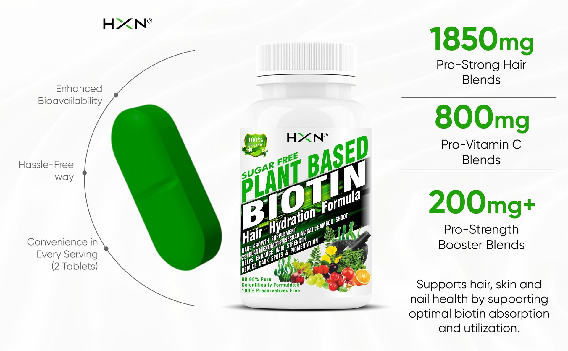 HXN Hair Supplements For Women, With Vitamin C, Glutathione Supplement & Multivitamins, Plant-Based Biotin Tablets For Hair Growth, Fall Control & Regrowth Supplement-120 (Pack 2)