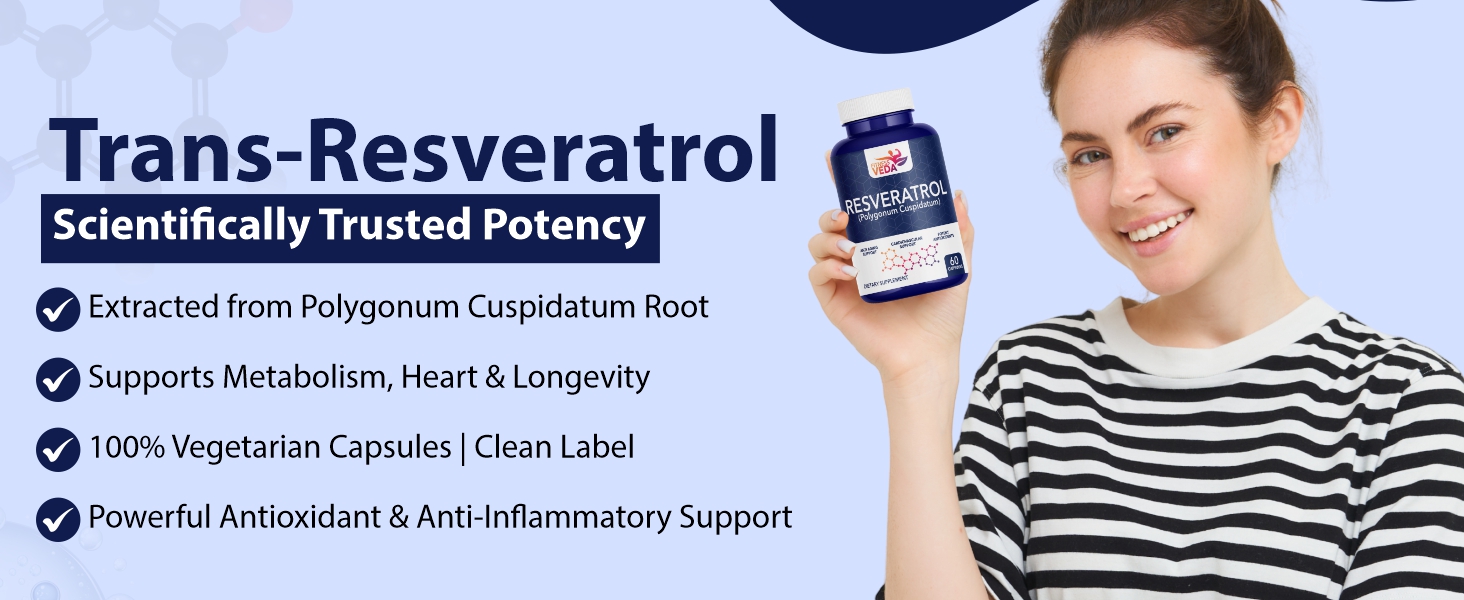 FITNESS VEDA Trans Resveratrol 99.9% Pure 500mg Supplement Slow down Aging | Anti-Inflammatory | Improves Metabolism and Heart health (60 Veg Capsules)