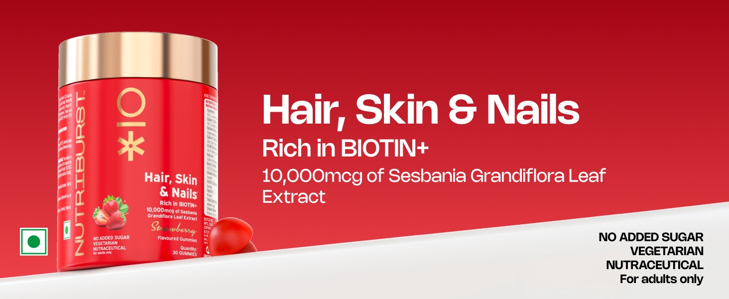 Nutriburst Biotin Gummies for Healthy Hair, Skin & Nails Growth | With High Potency 10000 mcg of Sesbania Extract Natural Biotin,Folic Acid & Multivitamins | No Added Sugar, Strawberry Flavor|30 Gummy