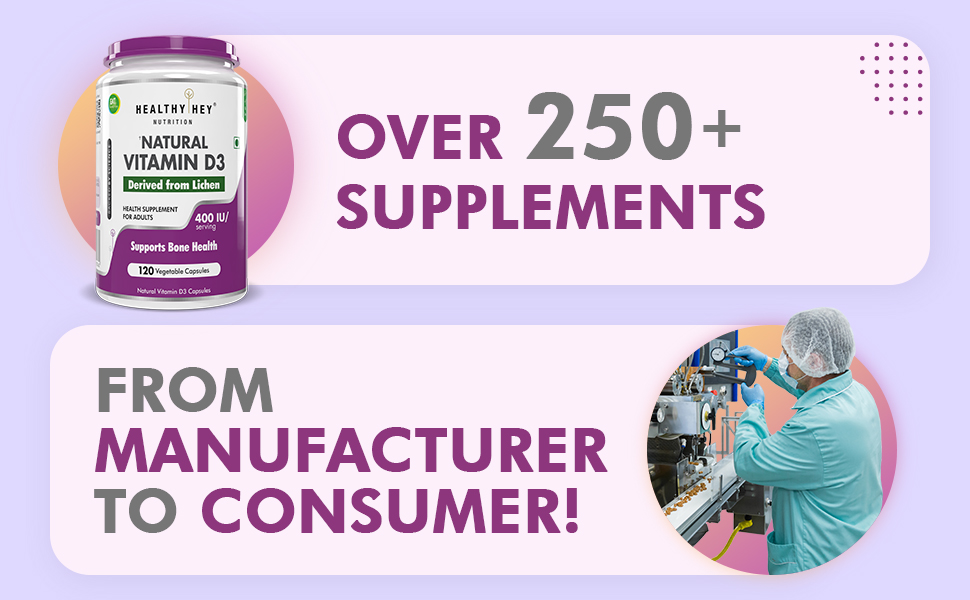 HealthyHey Vitamin D3 | 100% Vegetarian Natural & Plant-Based | Benefits Bone Health | 400 IU - 120 Veg Capsules | 4-month supply