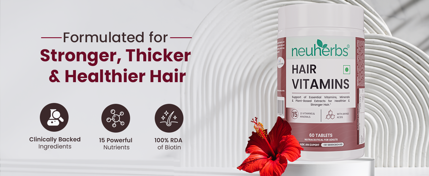 Neuherbs Hair Vitamins Tablets for Men & Women | Supports Hair Growth, Hair Fall Control & Stronger Hair | With Keratin Booster, Amino Acids, Amla & Hibiscus | 60 Tablets (Pack of 2)