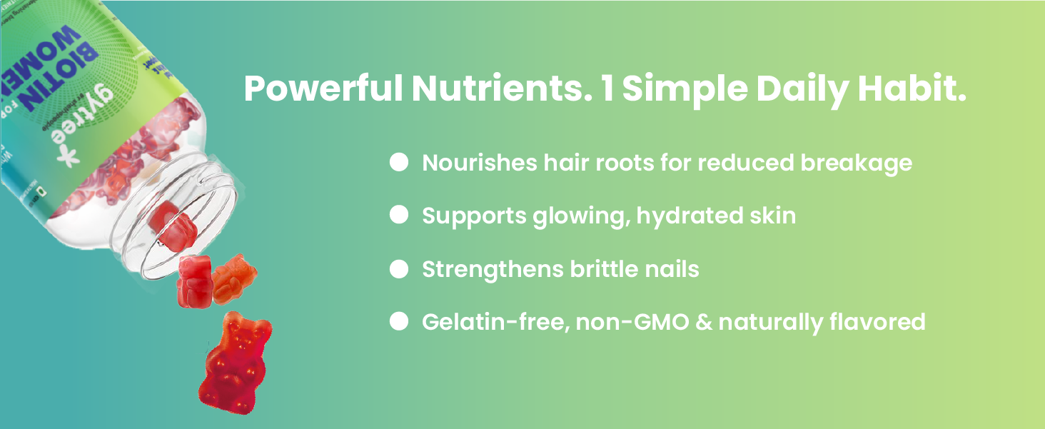 Gytree Biotin Gummies for Complete Hair, Skin & Nail Support | With Vital Nutrients, Inositol & Vitamin C, A, E, B6, Folate, Zinc | Strawberry Flavour | No Gelatin, No Soy, Lactose Free (30 gummies)