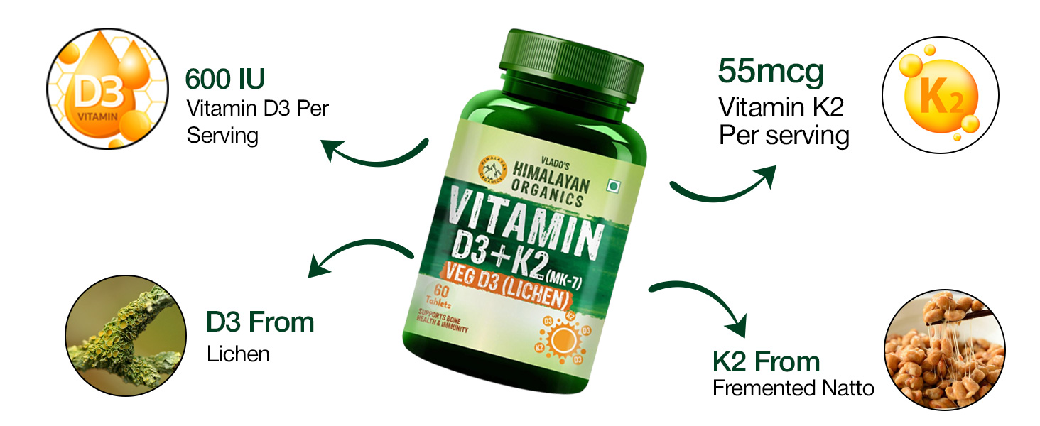 Vlado's Himalayan Organics Vitamin D3 K2 Tablets 600 IU with K2 MK7 55 mcg | Lichen Source Plant Based Vitamin D3 Supplement | Supports Bone Health, Calcium Absorption, Heart Health & Immunity | 60 Veg Tablets