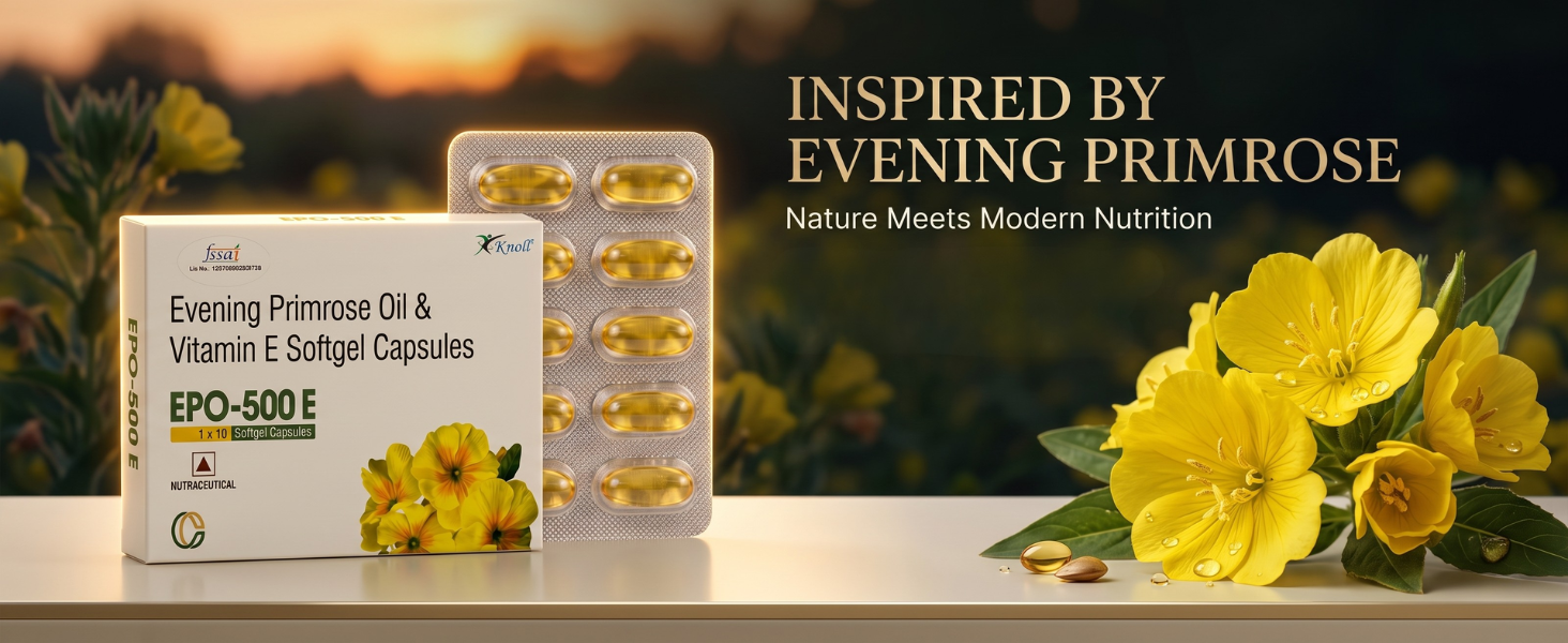 Knoll Healthcare EPO-500E Evening Primrose Oil 500 mg with Vitamin E Softgel Capsules | Supports Women’s Wellness, Skin Health & Antioxidant Support | Dietary Supplement (5x10 Capsules)