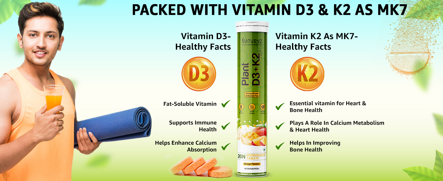 Naturyz 100% Plant Vitamin D3 K2 | Veg Vitamin D3 Supplement Lichen Source with Vitamin K2 MK7 Menaquinone | Supports Stronger Immunity | Bone & Heart Health for Men & Women (Mango Flavour)-20 Tablets