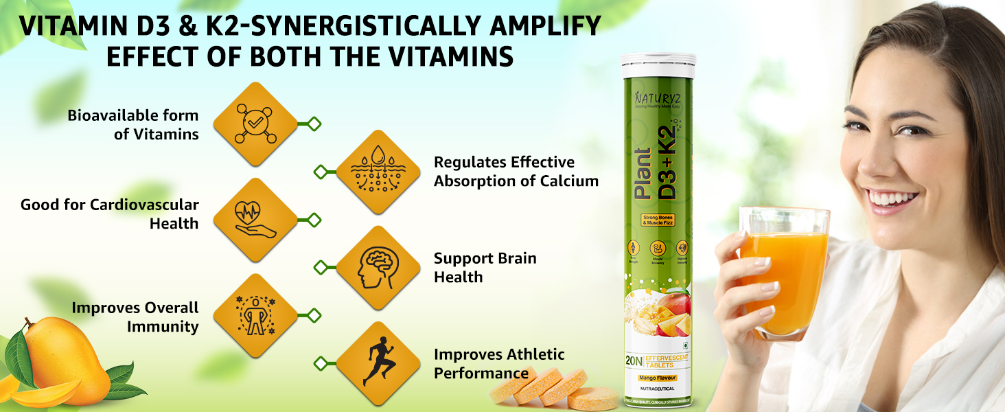 Naturyz 100% Plant Vitamin D3 K2 | Veg Vitamin D3 Supplement Lichen Source with Vitamin K2 MK7 Menaquinone | Supports Stronger Immunity | Bone & Heart Health for Men & Women (Mango Flavour)-20 Tablets