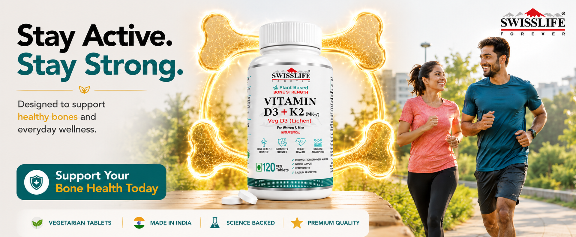 Swisslife Forever Vitamin D3 & K2 as Mk7 Supplement | Immune Support | Promotes Bone and Heart Health Support | 120 Veg Tablets