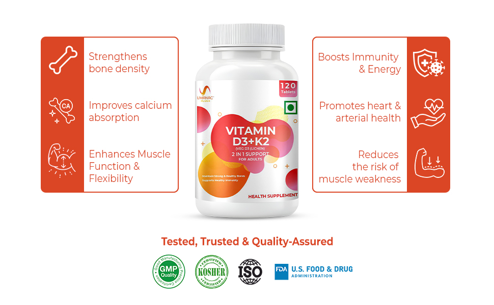 Umanac Plus Vitamin D3 + K2 (MK-7) 120 Tablets | Supports Bone Strength, Calcium Absorption, Joint Health & Immunity | Daily Health Supplement