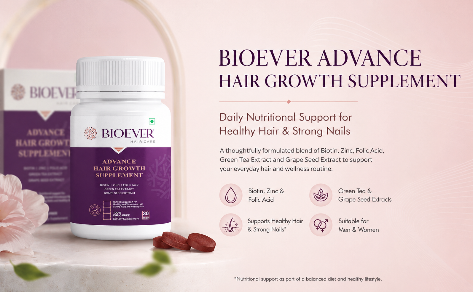 Advance Hair Supplement, Contains Biotin, Green tea Extract | Men & Women | Grape Seed Extract Strong Hair & Nails - 30 Tablets