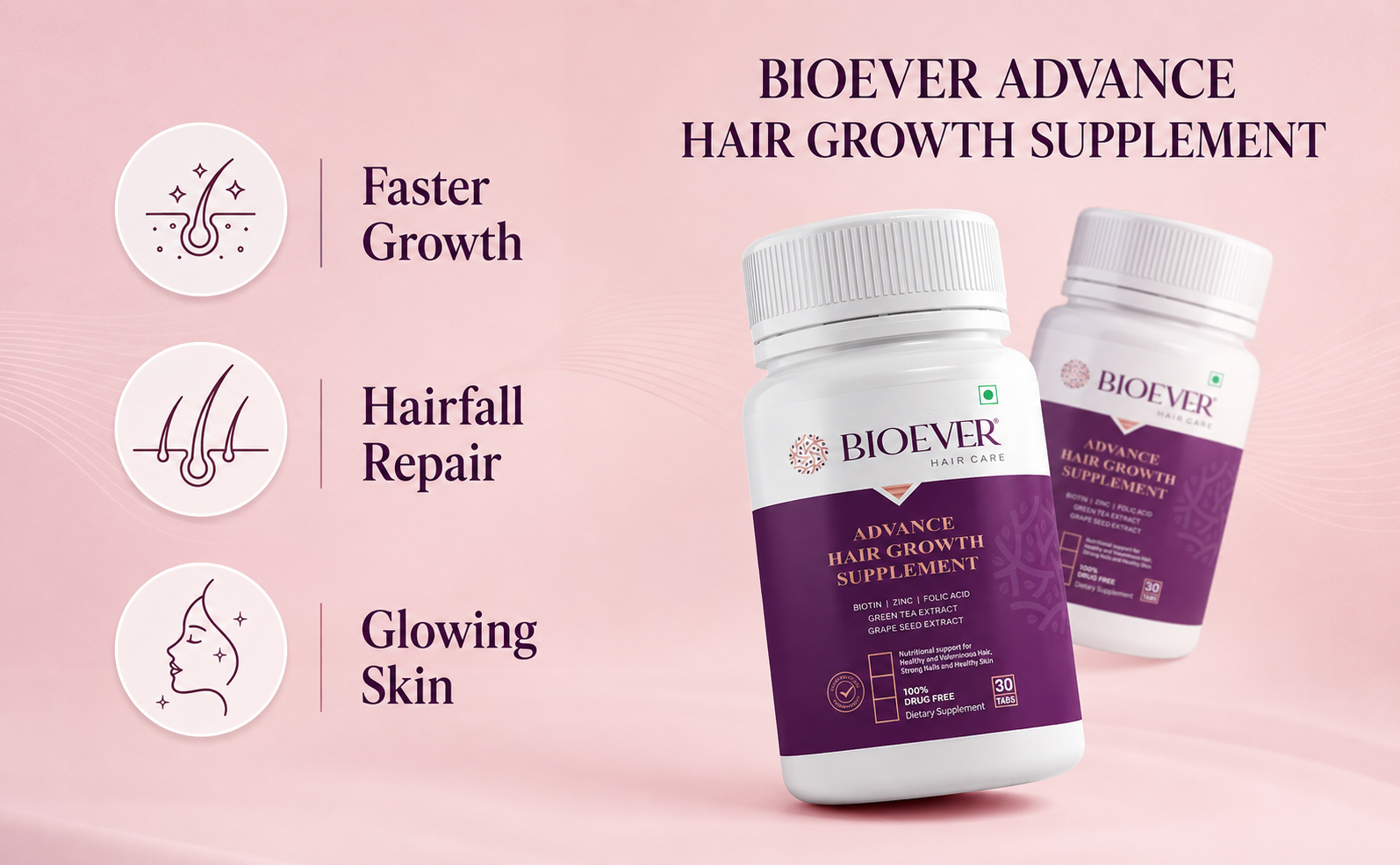 Advance Hair Supplement, Contains Biotin, Green tea Extract | Men & Women | Grape Seed Extract Strong Hair & Nails - 30 Tablets
