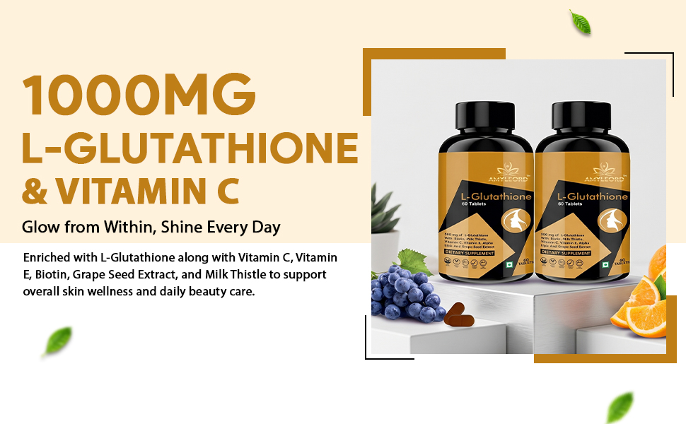 L - Glutathione Tablets 1000mg with Vitamin C & E, Milk Thistle, Biotin, Grape Seed Extract for Help to Skin Glow and Hydration (Combo) (Black Goden Flavour) (120 Count) MRP 2398 Rs.