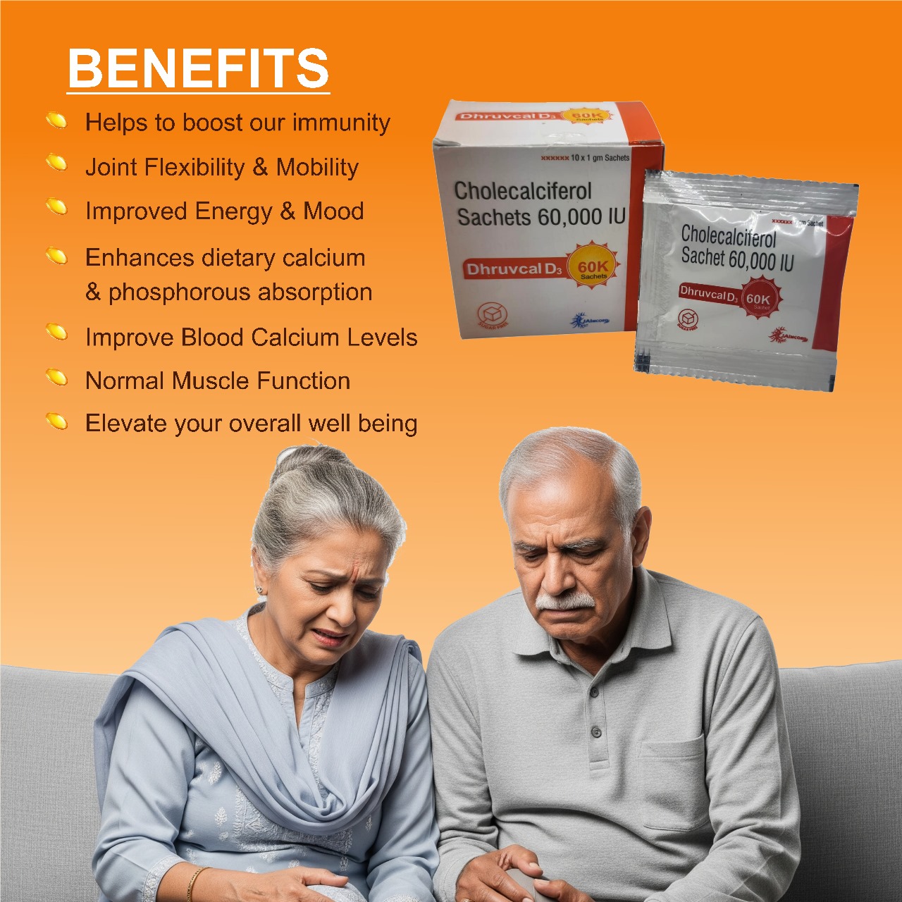 Dhruvcal D3 Vitamin D3 60000 IU Sachets - Cholecalciferol High Strength Supplement | Sugar-Free, Diabetic-Friendly | Supports Bone, Joint & Immunity Health | 10 Sachets x 1g, Once-Weekly Dose