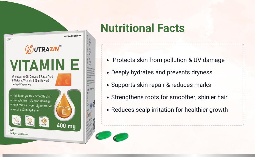 Vitamin E 400 mg Capsules with Wheatgerm Oil & Omega 3 | Vitamin E Capsules for Face and Hair (100 Capsules)
