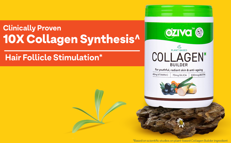 OZiva Plant Based Collagen Builder Powder (With Vitamin C) Berry Orange,250G & Plant Based Biotin 10000+ Mcg (With Natural Sesbania Agati Extract) For Stronger Hair & Healthier Skin,125G(Combo Pack)