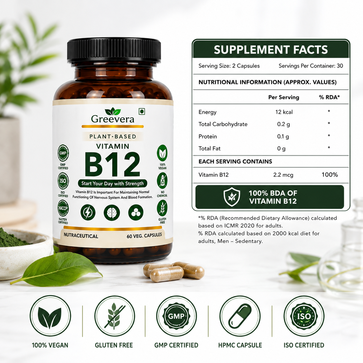 Vitamin B12 Green Superfood Capsule – Natural B12 Support for Energy, Brain Health, and Blood Formation | Plant-Based Daily Nutrition | 100% Vegan & Gluten-Free