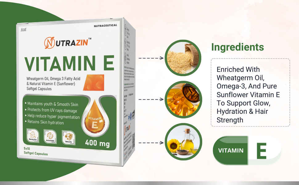 Vitamin E 400 mg Capsules | Vitamin E Capsules for Face and Hair | Supports Skin Hydration, Hair Care & Antioxidant Support | 50 Softgels