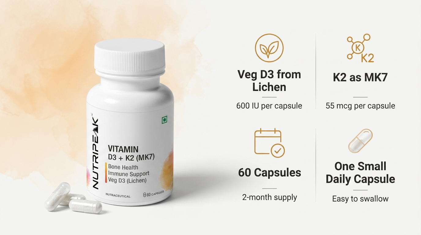Vitamin D3 600 IU + K2 MK7 Capsules | Veg D3 from Lichen | Bone Health, Calcium Absorption & Heart Wellness | Immune & Muscle Support | 60 Veg Capsules