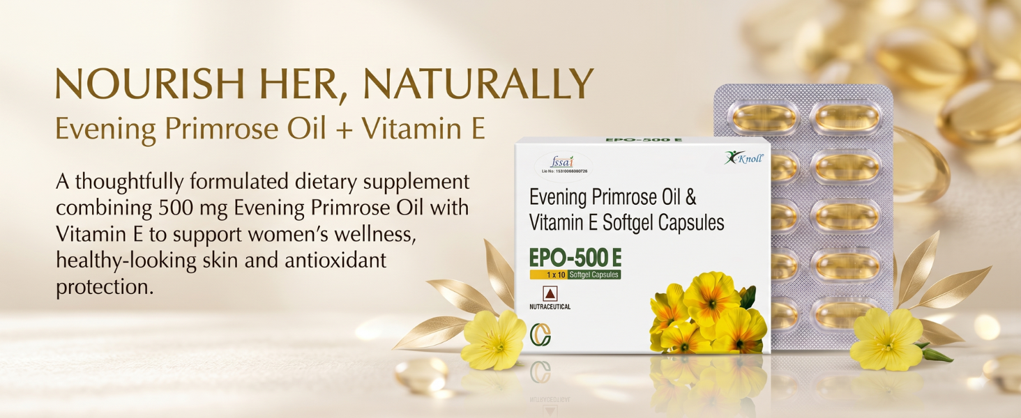 Knoll Healthcare EPO-500E Evening Primrose Oil 500 mg with Vitamin E Softgel Capsules | Supports Women’s Wellness, Skin Health & Antioxidant Support | Dietary Supplement (10x10 Capsules)
