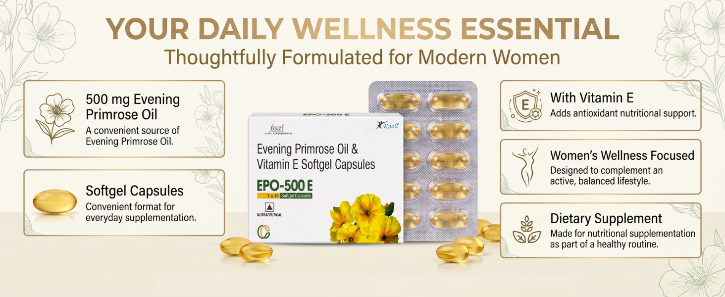 Knoll Healthcare EPO-500E Evening Primrose Oil 500 mg with Vitamin E Softgel Capsules | Supports Women’s Wellness, Skin Health & Antioxidant Support | Dietary Supplement (10x10 Capsules)