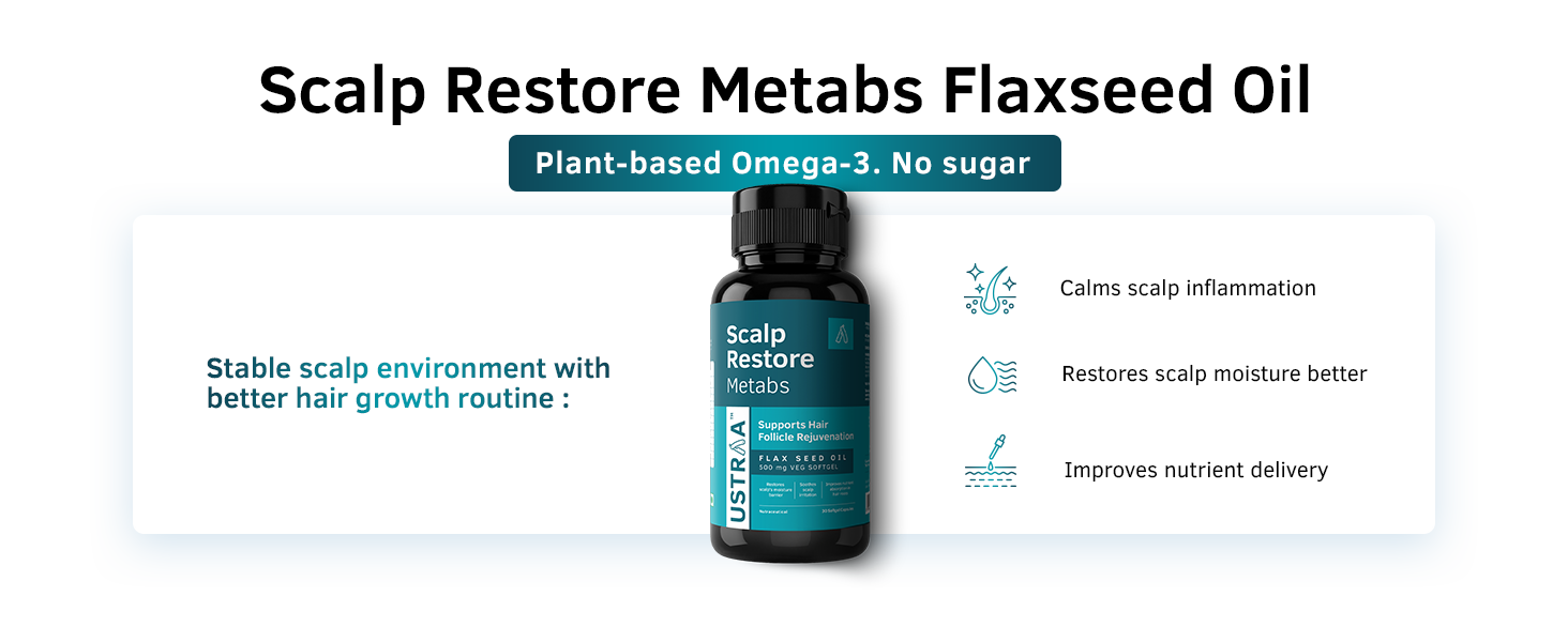 Ustraa Scalp Restore Metabs | Flax Seed Oil 500 mg | Omega-3s | 30 Softgels